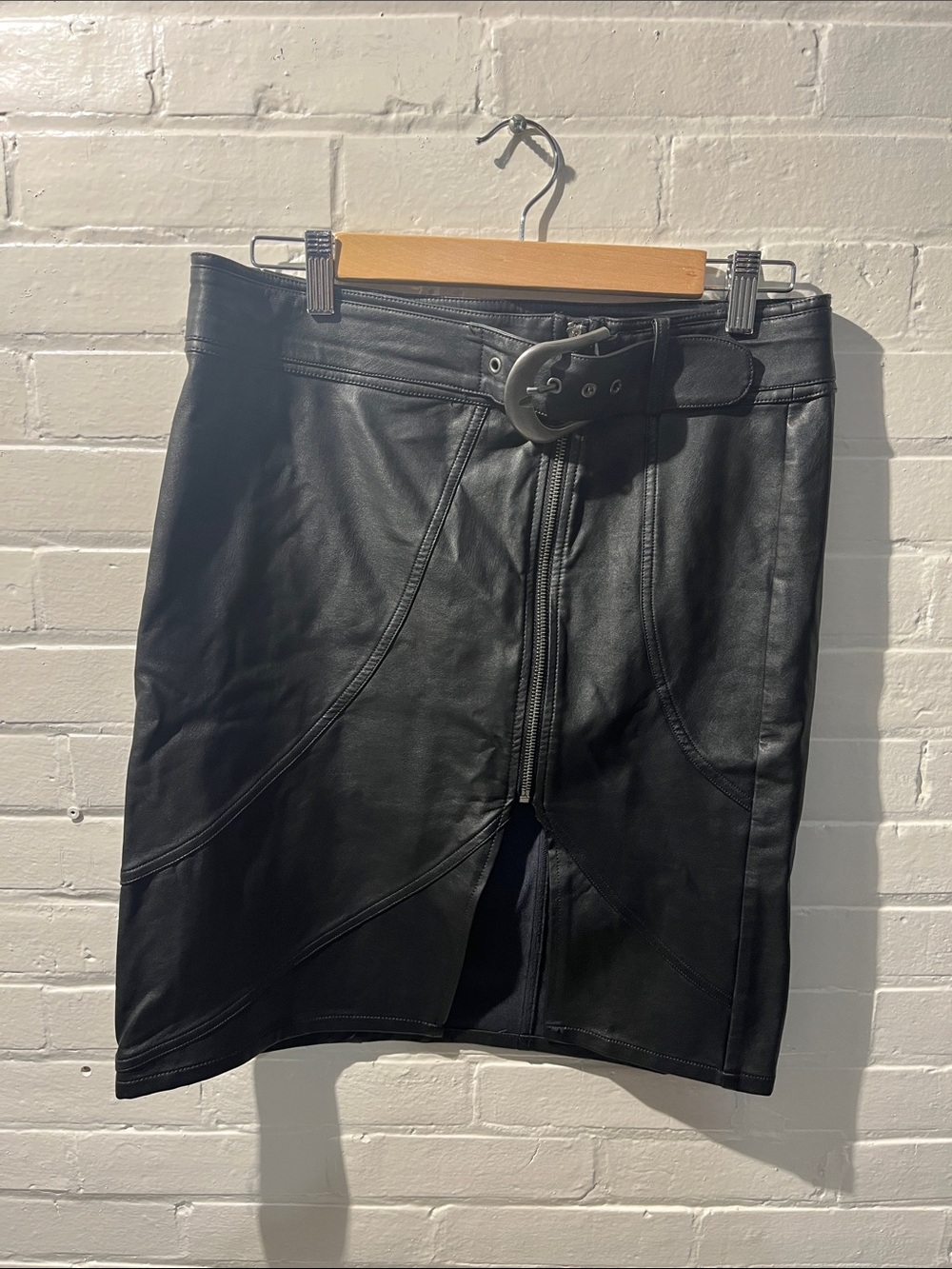 We The Free Black Faux Leather Mini Skirt with Front Zipper